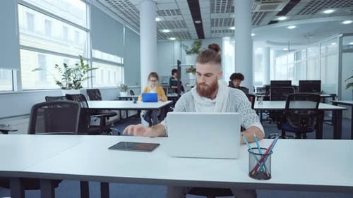 Bearded Manager Working with Statistics in Office