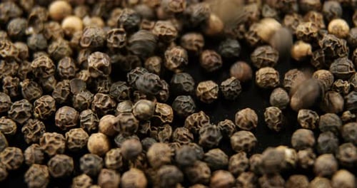 Black Peppercorns Falling in Macro Shot