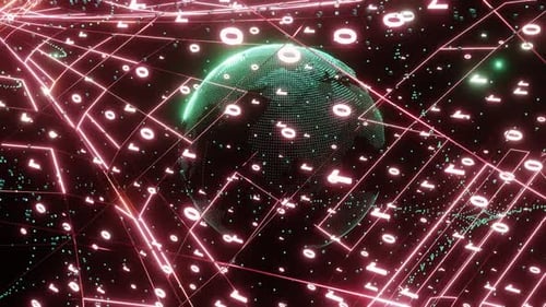 HD Artistic infographics binary numbers tunnel and Earth globe rotation. Technology Network