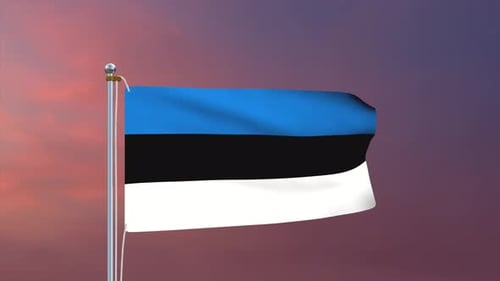 Realistic Waving Estonian Flag on Flagpole at Sunset