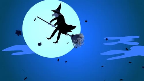 Halloween Witch Flying on Broomstick with Bats and Falling Leaves