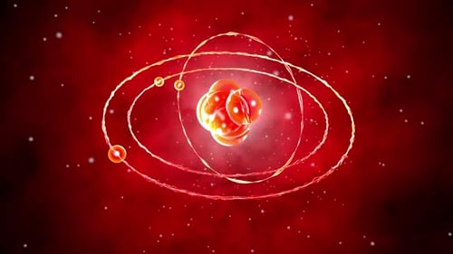 Animation d'un noyau atomique avec des particules en orbite