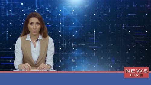 Female Anchorwoman, News Presenter Talking in Broadcasting Studio