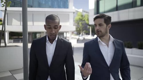 Confident Positive Male Colleagues Walking Outdoors
