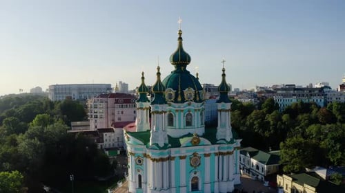 Aerial View of St. Andrews Church, Orthodox Church on Green Hill in the City