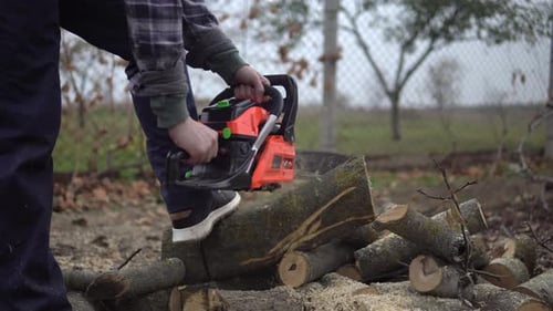 Lumberman arbeitet Sägeblog Starten Kettensäge zum Fällen von Bäumen