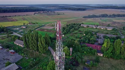 Aerial View of Telecommunications Tower in Rural Setting