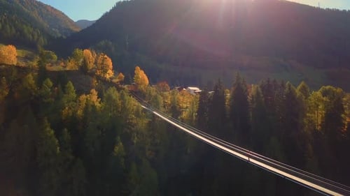 Man Walks on Hanging Rope River Bridge in Forest