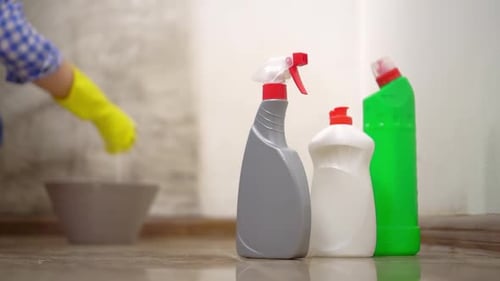Person Cleaning Home with Cleaning Products