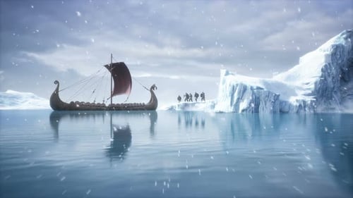 Viking Longship Journey With Warriors In Icy Arctic Landscape