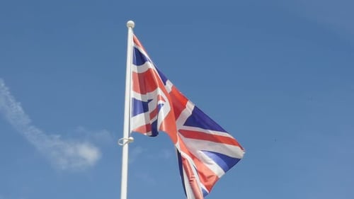 United Kingdom Flag Waving Against Clear Blue Sky