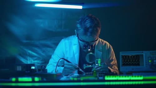 Man Soldering Circuit Board in Dark Lab