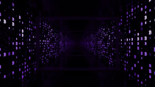 Futuristic Digital Tunnel of Bitcoin Symbols and Data Flow