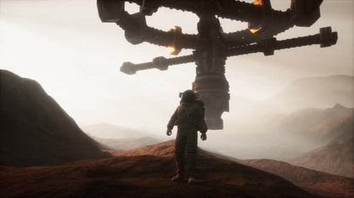 Astronaut Looking at Futuristic Space Station on Alien Planet