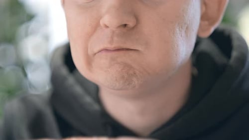 Close Up Man Mouth Chews Delicious Food