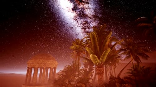Ancienne ville romaine dans les étoiles du désert et de la voie lactée