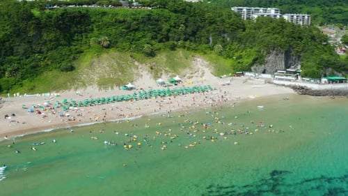 Blue sea and beach scenery in Jeju Island, South Korea.