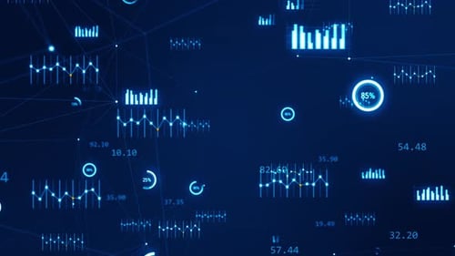 Icono de tecnología azul con gráfico gráfico, levitación con cámara, zoom, concepto de fondo abstracto