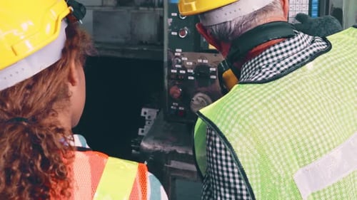 Group of Factory Workers Using Machine Equipment in Factory Workshop