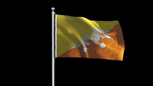 Bhutan National Flag Waving on Pole Realistic Animation