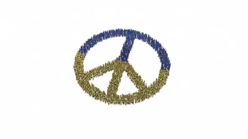 Crowd of People Forms Blue and Yellow Peace Sign