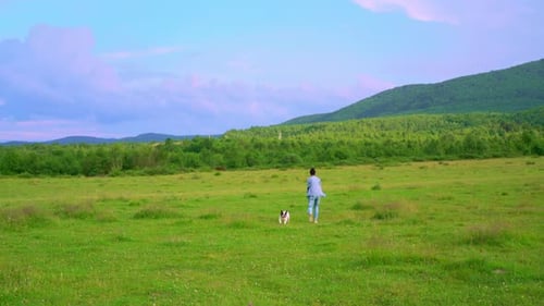 Mujer con perro jugando al aire libre