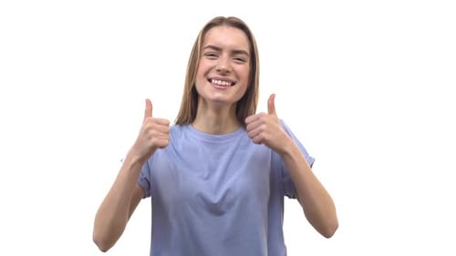 Smiling Woman Gives Double Thumbs-Up on White