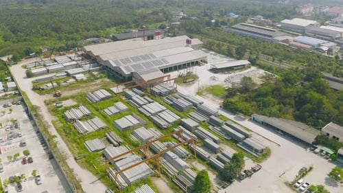 Aerial top view of factory industry. Electricity tower building in energy, transportation, logistic