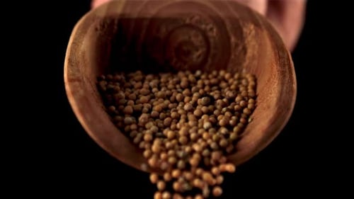La cámara lenta de una cuchara de madera arroja mostaza
