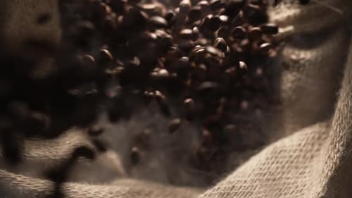 Coffee Beans Poured Into Burlap Sack