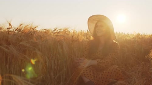 Pregnant woman in the rays of the sunset in the field