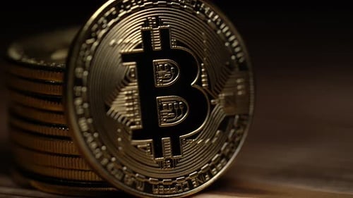 Cryptocurrency Logo Electronic Money Silver Coins Bitcoin. Close Up
