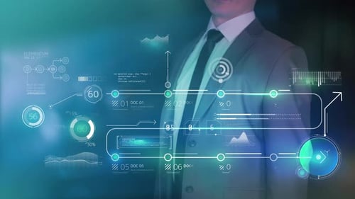 Futuristic Holographic Business Interface with Data Analytics and HUD Elements