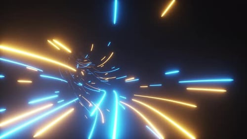 Abstract Neon Light Trails Flying Through Dark Tunnel Loop