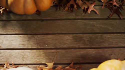 Autumnal Pumpkins and Fallen Leaves on Rustic Wood