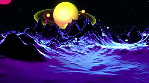 Futuristic Cosmic Landscape Loop with Neon Planets