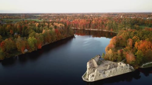 Autumn Aerial Landscape Old Koknese Castle Ruins and River Daugava Located in Koknese Latvia.