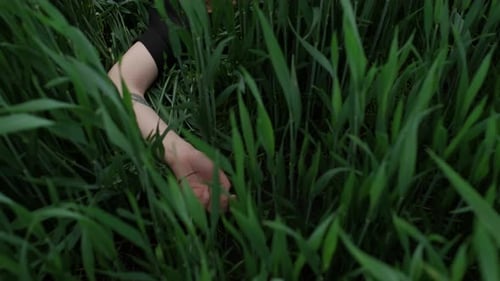 Girl In Black Dress Lies In The Grass.