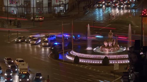 Timelapse of Transport Traffic on Plaza De Cibeles in Night Madrid, Spain