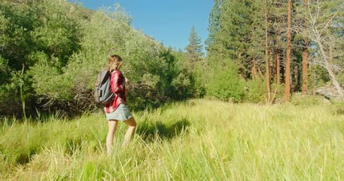 Woman Hikes Through Grassy Meadow in Wilderness