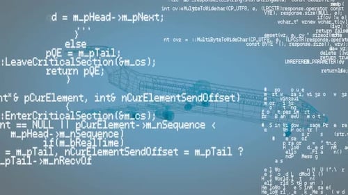 Futuristic Wireframe Airplane with Digital Code and Data Overlay