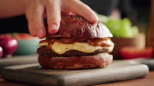 Juicy Burger Prepared with Fresh Ingredients at Home