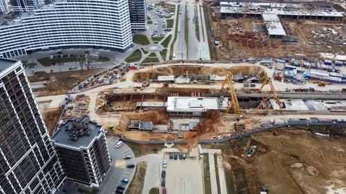 Aerial top view of the construction site of an underground metro station.