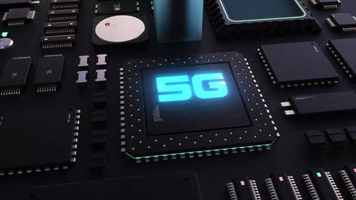 Cabecera 5G. Animación de procesadores y chips de próxima generación. avance tecnológico de gran potencia