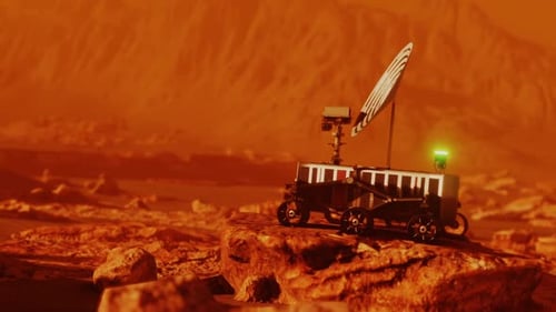 Mars Robotic Rover on Red Place Surface Searching for Signal