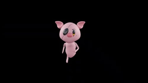 Animated 3D Stylized Pink Pig Character with Eye Patch