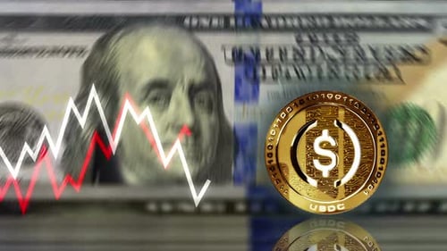 USDC USD Coin stablecoin cryptocurrency coin over 100 Dollar banknotes loop