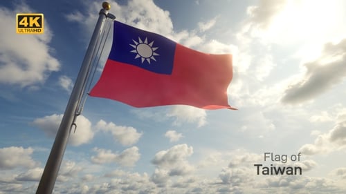 Taiwan Flag Waving in Wind Against a Cloudy Sky