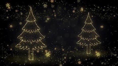 Golden Christmas Trees Sparkling Particles and Falling Snowflakes