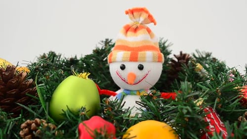 Christmas Decorations with Ornaments, Pine and Snowman